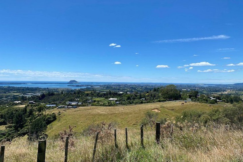 A grassy hill with a fence, a distant body of water, and a small hill in the background. 3