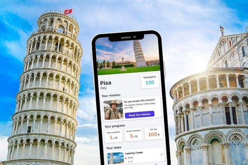 Un smartphone affichant une application de voyage avec des images de Pise et de sa célèbre tour penchée. 1