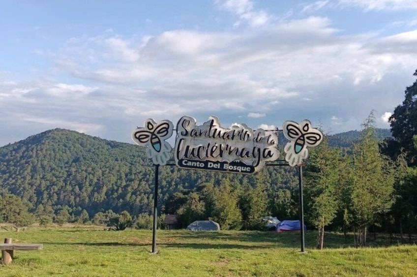 En skylt med texterna ”Santuario de la Luz” och ”Canto del Bosque”, omgiven av en gräsyta och träd, med ett berg i bakgrunden. 3