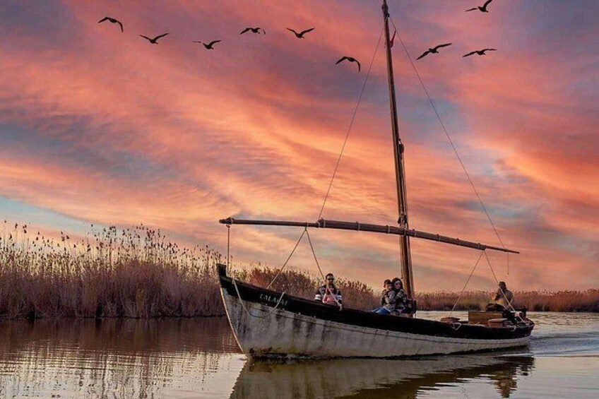 A boat with people on it, surrounded by water and reeds. 1