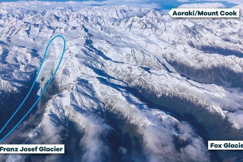 A snow-covered mountain range with labeled glaciers: Franz Josef, Aoraki/Mount Cook, and Fox Glacier. 3