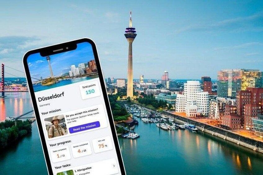 Un smartphone affichant une application de voyage avec une vue sur une ville en arrière-plan. 1