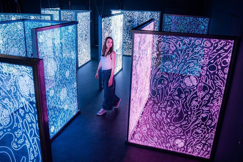 A person standing in a room with illuminated panels displaying intricate patterns. 3