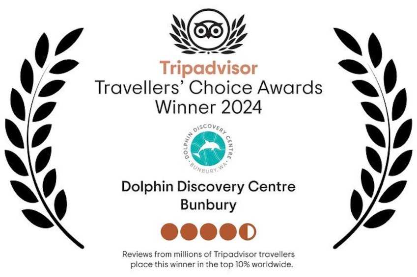 Gewinner des Travelers’ Choice Awards 2024 von TripAdvisor, Dolphin Discovery Centre Bunbury, umgeben von Lorbeerkränzen. 2