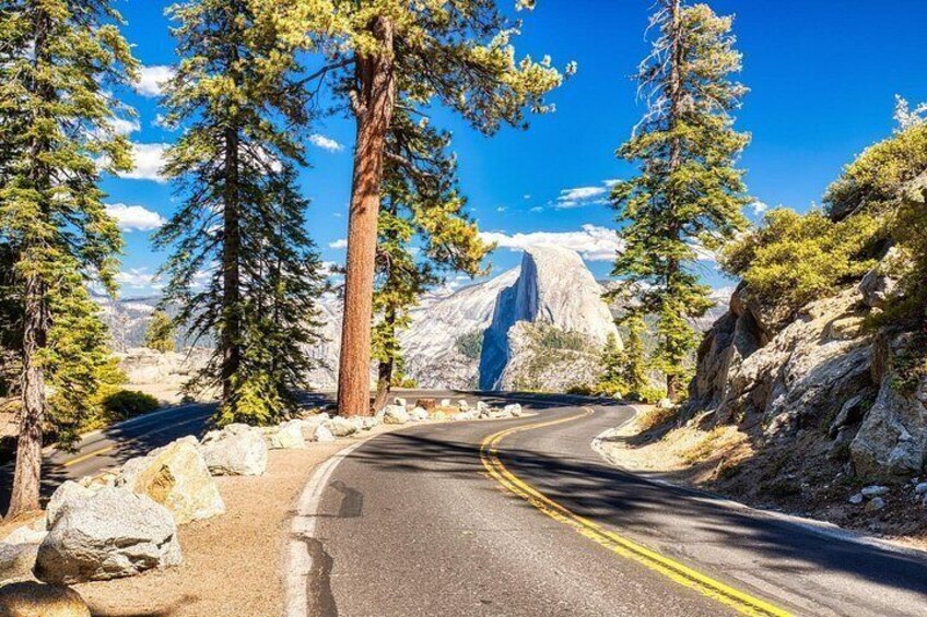 A winding mountain road with tall pine trees, a clear blue sky, and a prominent mountain peak in the distance. 2