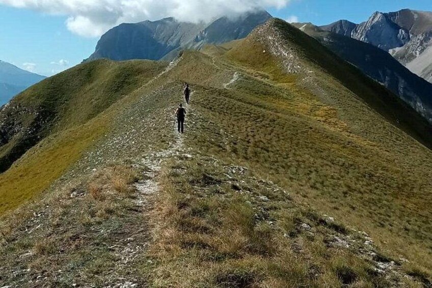 Un paysage montagneux avec un sentier et deux randonneurs. 4