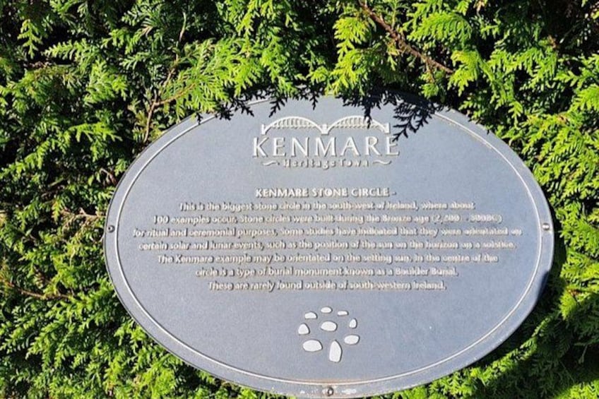 Una placa de piedra circular con texto grabado y un emblema decorativo, rodeada de follaje verde. 4