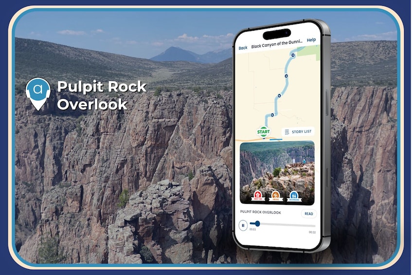 A smartphone displaying a map with a hiking trail and an overlook named Pulpit Rock. 4