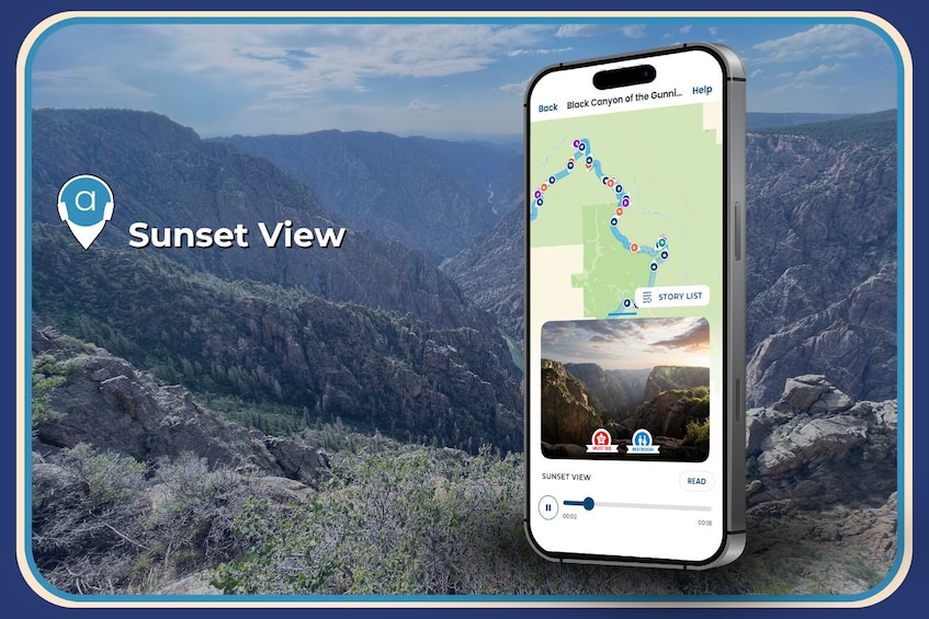 A smartphone displaying a map with a marked route and a sunset view on the screen. 2