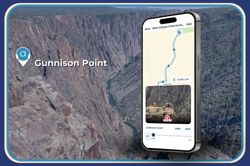 A smartphone displaying a map with a marked location named 'Gunnison Point' and a scenic view of a canyon. 5