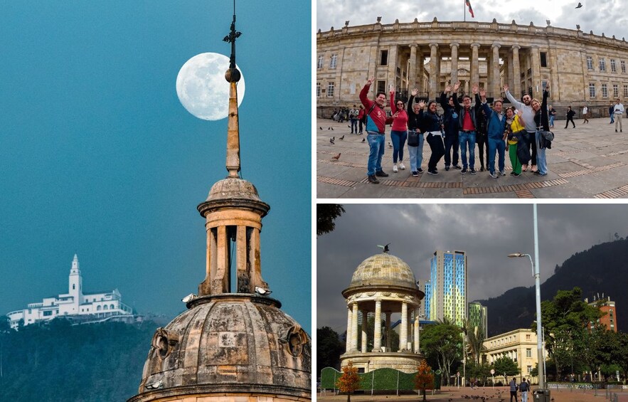 Una torre iluminada por la luna, un grupo de personas frente a un edificio imponente, una estructura con cúpula y un paisaje urbano con la silueta de una montaña al fondo. 1