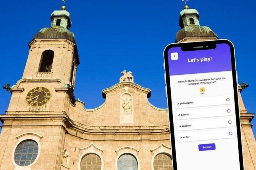 A historic building with two towers and a clock, and a smartphone displaying a quiz game. 2