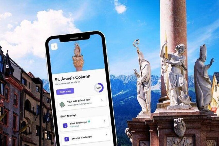 A smartphone displaying a map with 'St. Anne's Column' and a 'Your self-guided tour' option. 3