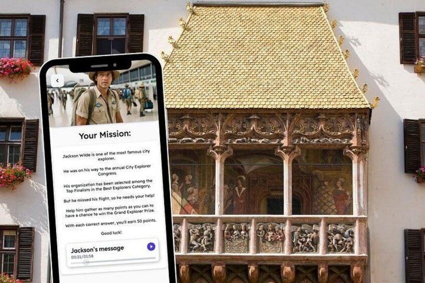 A smartphone with a message about a mission, a building with a tiled roof, and a balcony with sculptures. 4