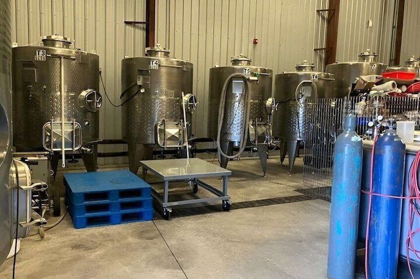 Equipo de elaboración industrial, incluyendo tanques de acero inoxidable y una paleta azul. 4