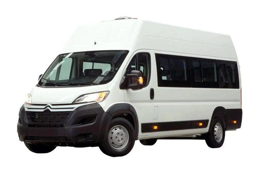 Een witte bus met een voorgril, koplampen en spiegels. 2