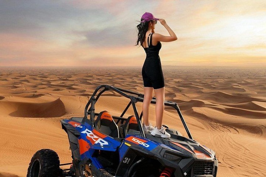 A person standing on a dune in a desert, overlooking a vast landscape of sand dunes. 1