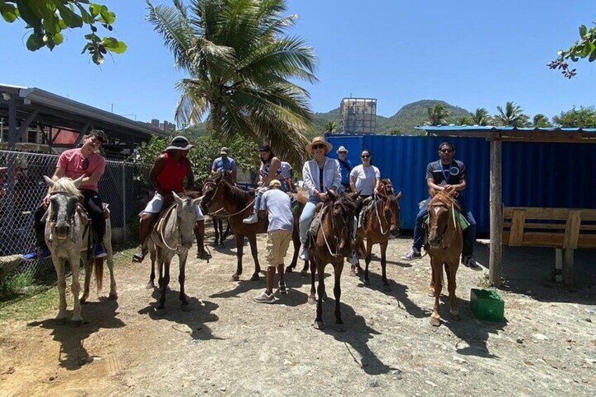 Persone a cavallo in un'area aperta con palme e un edificio blu sullo sfondo. 5