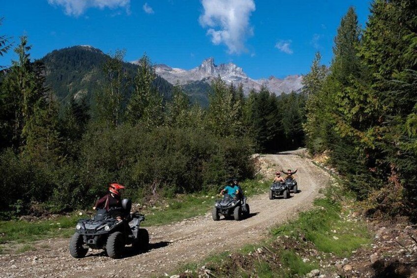 Three off-road vehicles on a dirt path surrounded by dense forest and mountains in the background. 2
