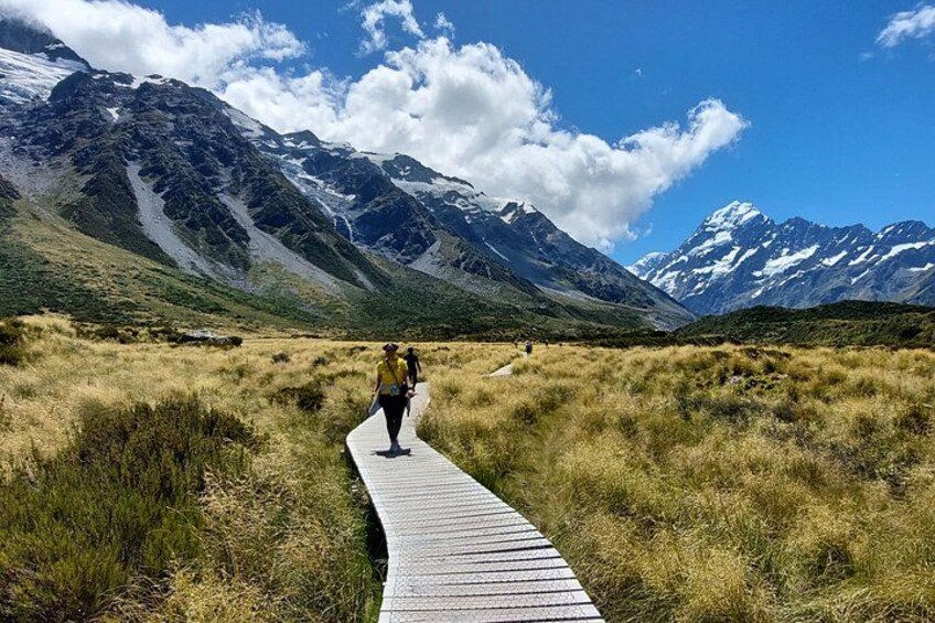 Une promenade en bois au milieu d’un champ d’herbe, avec des montagnes en arrière-plan. 5