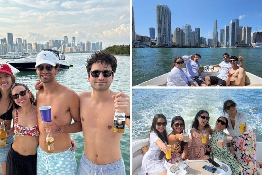 Un grupo de personas en un barco, con el horizonte de una ciudad al fondo. 2
