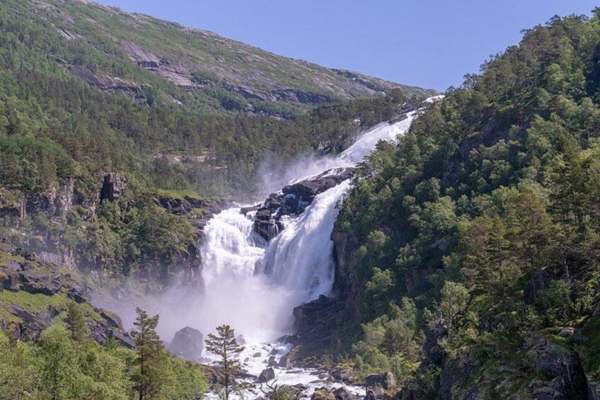 Una cascada se precipita por un risco rocoso rodeado de un bosque denso. 3