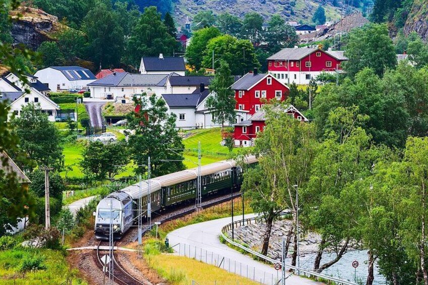 Un tren sobre rieles, rodeado de casas y vegetación. 4