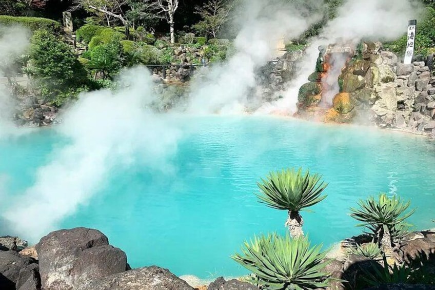 Una fuente termal con vapor ascendente, rodeada de rocas y follaje. 5