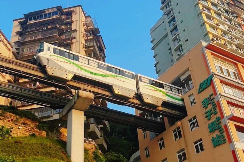 A train on an elevated track, buildings in the background, and greenery at the base. 4