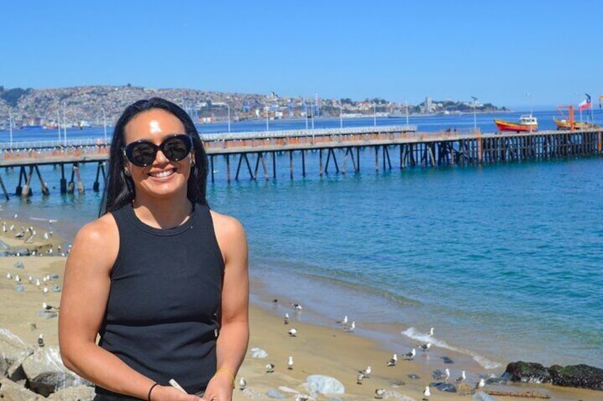 A person standing on a beach with a pier in the background. 2