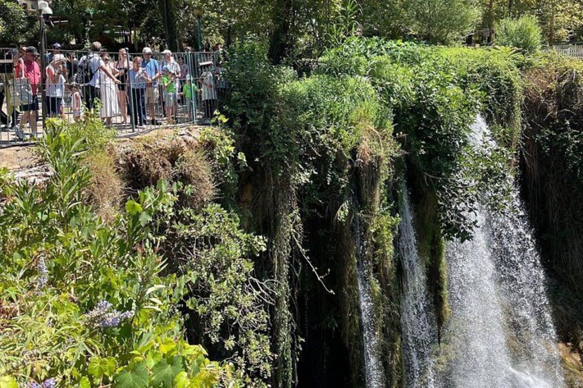 Een waterval omringd door weelderige begroeiing, met mensen die vanaf een omheind gebied toekijken. 4