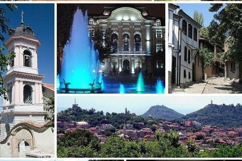 A bell tower, a fountain, a historic building, and a townscape. 3