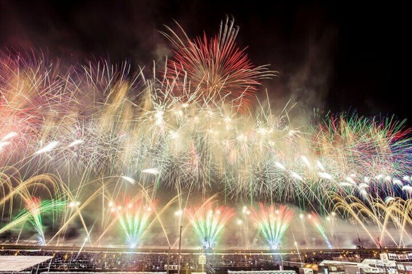A fireworks display with multiple bursts of light in various colors. 1