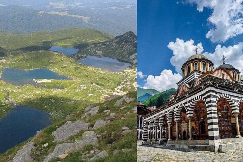 A mountainous landscape with lakes and a church with distinctive architecture. 1
