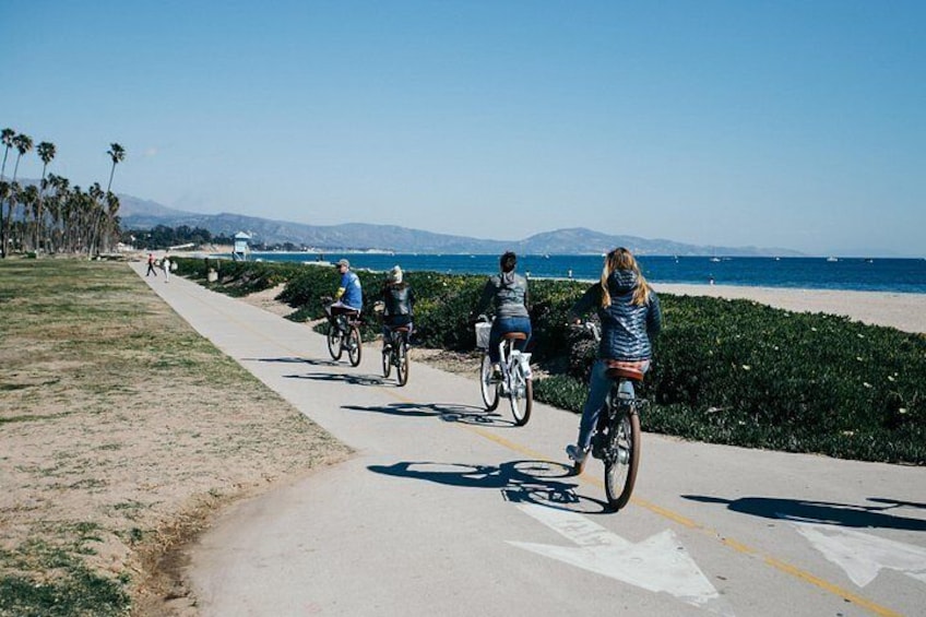 A paved bike path alongside a beach with cyclists, palm trees, and a clear sky. 3