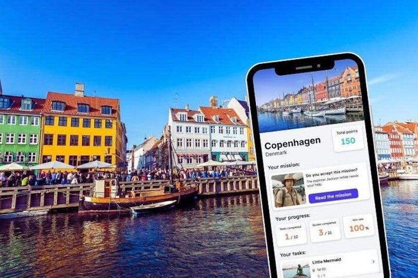 A smartphone displaying a Copenhagen travel app with a canal scene in the background. 1