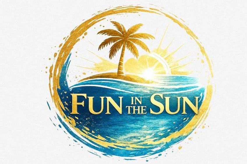 A logo with a palm tree, sun, and ocean waves. 1