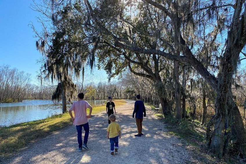 A gravel path with trees and a body of water. 1