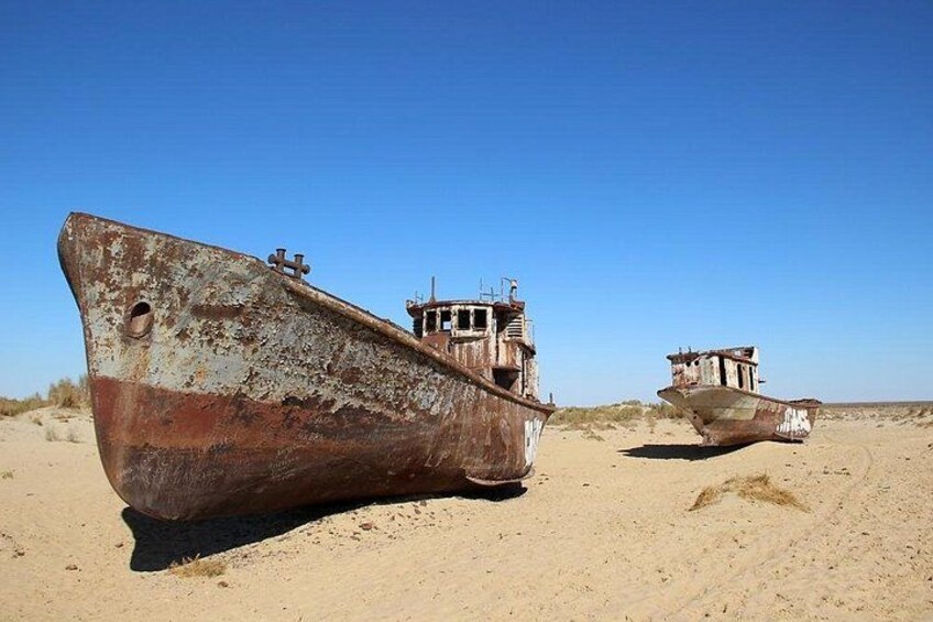 Two rusted ships on a sandy beach. 1