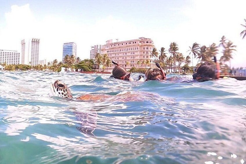 A beach with palm trees, ocean waves, and a hotel in the background. 2
