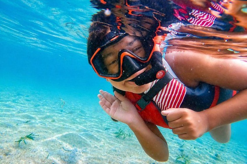 En person snorkler under vandet med snorkel og maske. 1