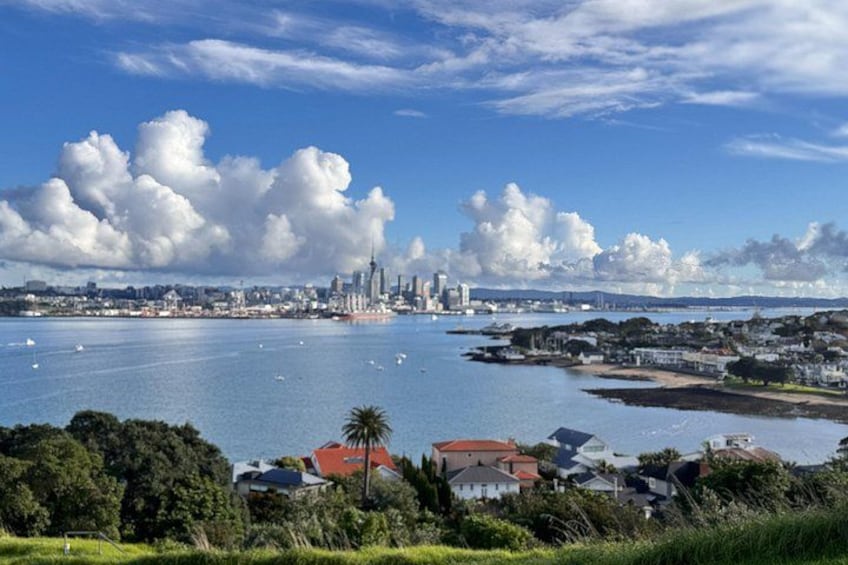 Panorama costiero con una skyline imponente, un porto turistico con imbarcazioni e vegetazione lussureggiante in primo piano. 2