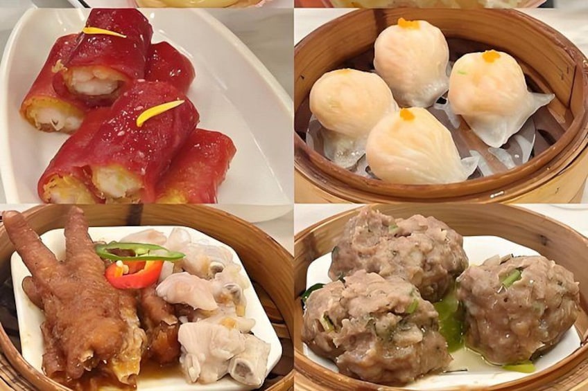 Ett urval av olika maträtter som ångkokas i bambukorgar, inklusive dumplings och kötträtter. 2