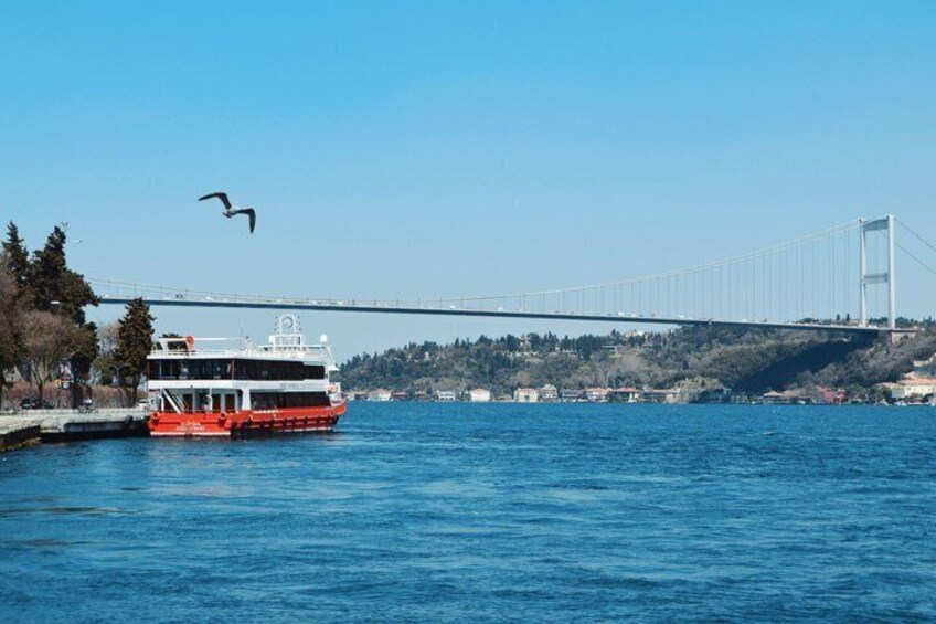 A red and white ferry, a bridge, and a bird flying over a body of water. 2