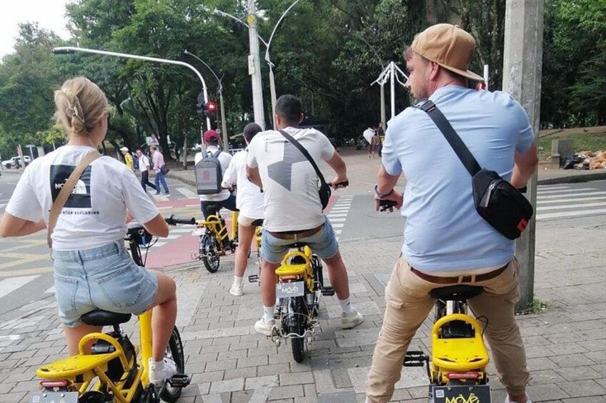 People riding bicycles on a paved path in a park. 2