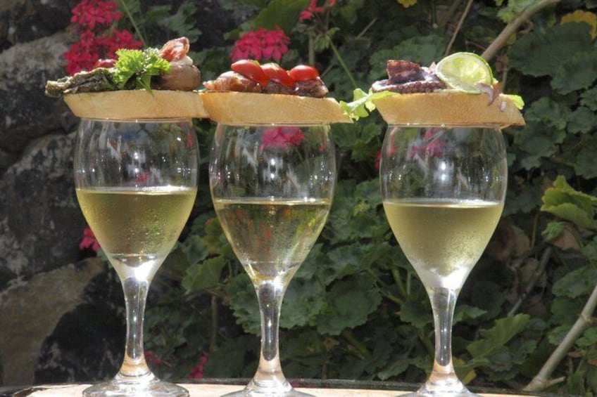 Three wine glasses with a garnish on top, placed outdoors with greenery and flowers in the background. 2