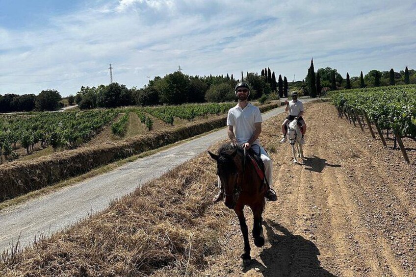 Un sendero de tierra con jinetes y viñedos. 1