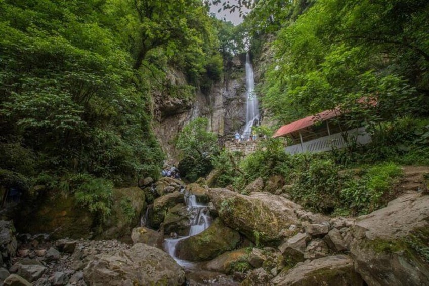 Een waterval stort neer over een rotsachtige klif, omringd door weelderige begroeiing. 1