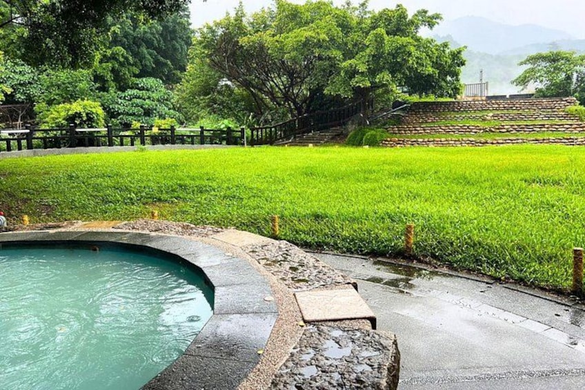 A swimming pool surrounded by a lush green landscape with a stone pathway leading to a wooden fence. 2