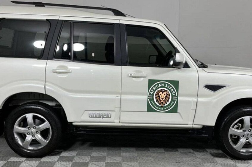 A white SUV with a lion logo and the text 'African Safari' on the side. 2